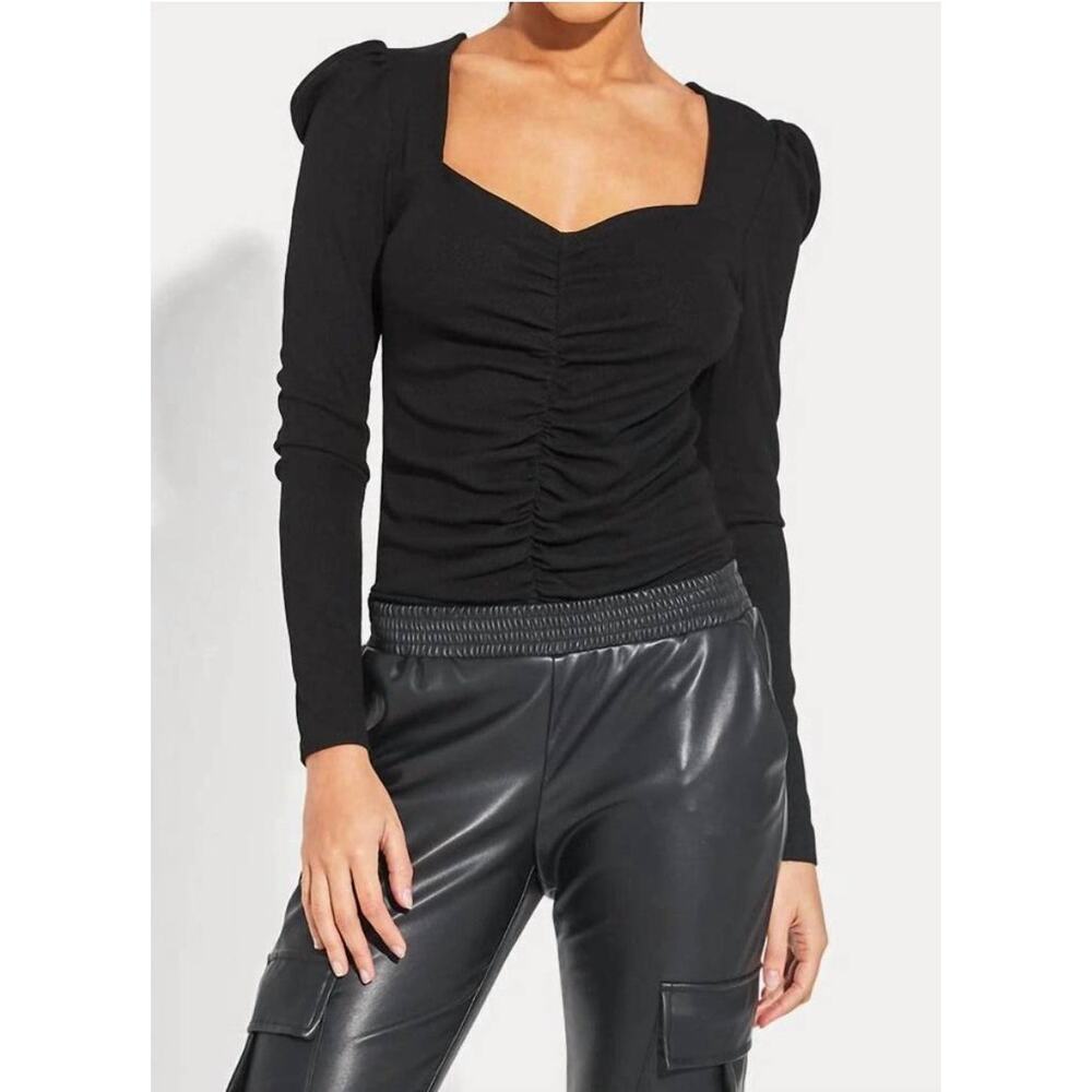 Generation Love Laguna Heart Neck Ruched Ribbed Top Black Small